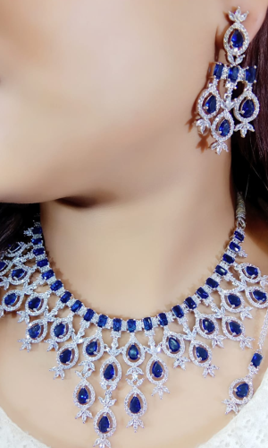 V Drop Style AD Chokar Set with Maang Tika Royal Blue
